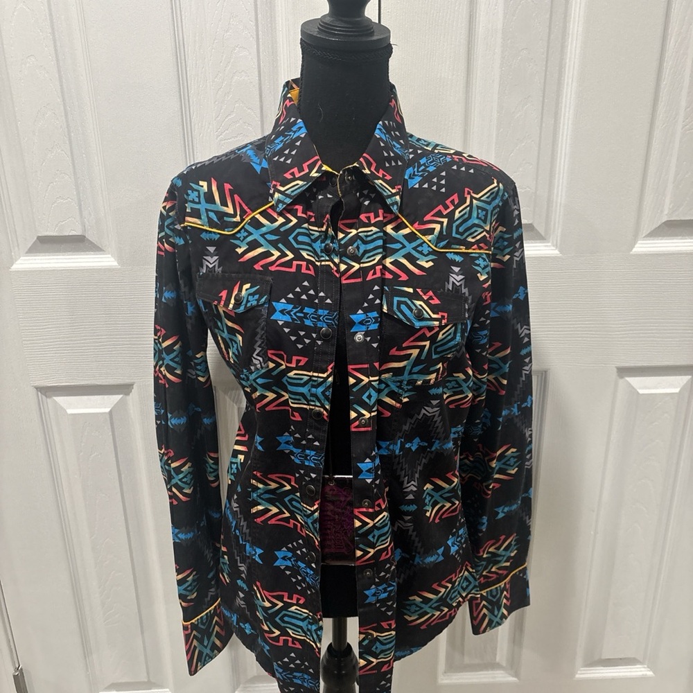 ROCK & ROLL COWGIRL Multicolor Geometric Button Down Shirt size L NWT